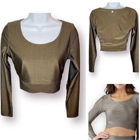 90 Degree By Reflex Rib Twist Cropped Top Long Sleeve Night Sage Green M - Picture 1 of 10
